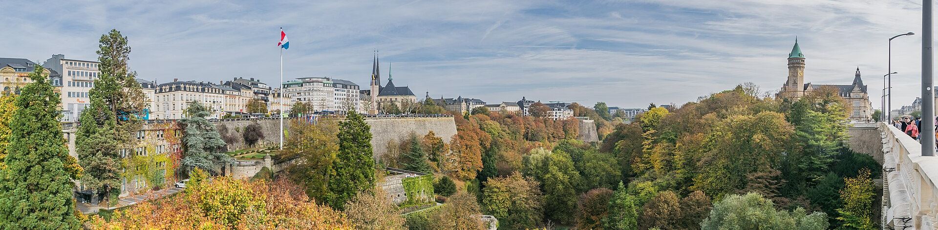 Vue sur la vallée de la Pétrusse à Luxembourg : la vieille ville et la cathédrale Notre-Dame à gauche, le siège de la Spuerkeess à droite, photographiée en 2018